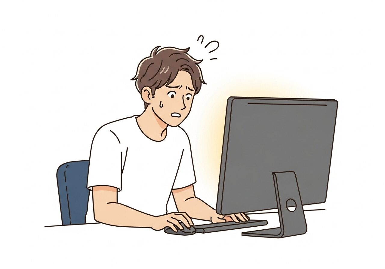PCの前で戸惑う男性です。「プログラム初心者は何から始めればいいのか？」のアイキャッチ画像です。