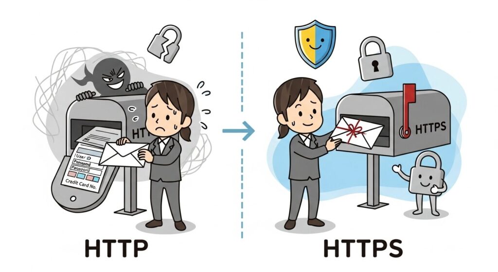 httpとhttpsの違いについてのイメージイラスト