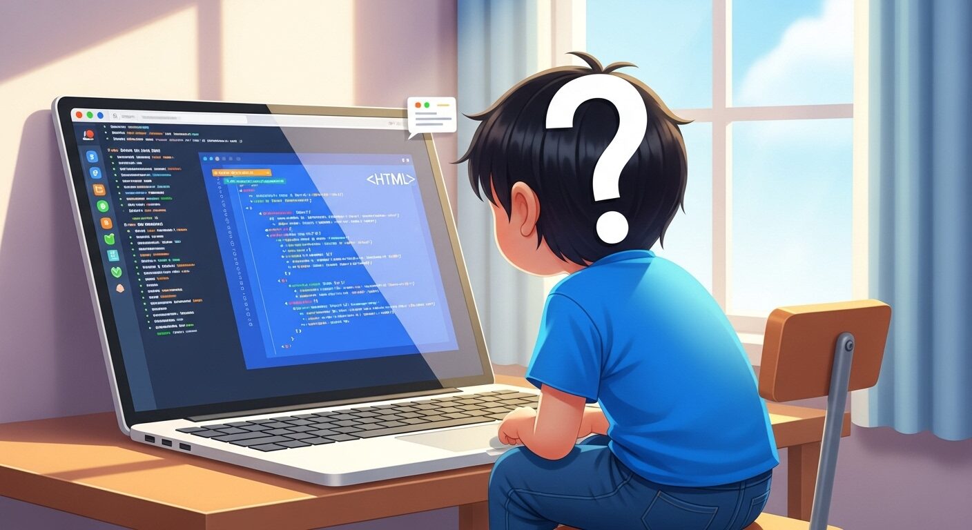 HTMLを見ているクエスチョンマークがついた子供のイラスト