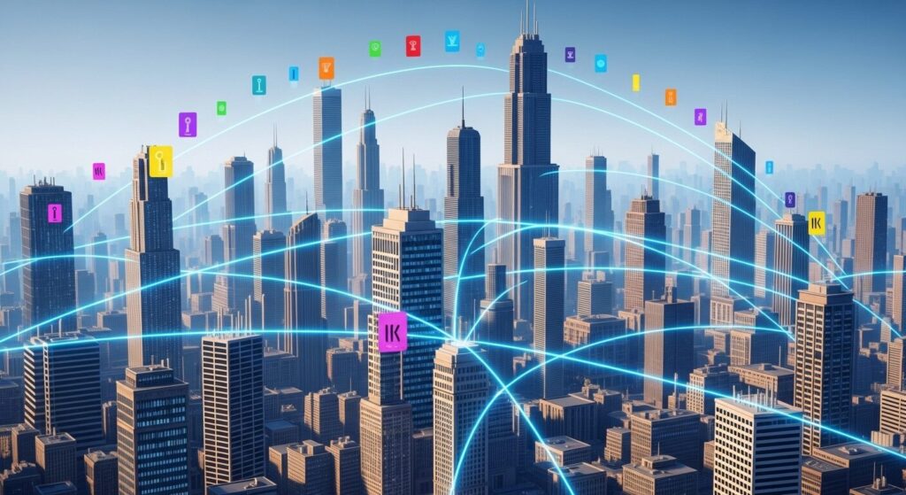ビルをインターネットの光がつなぐイメージ