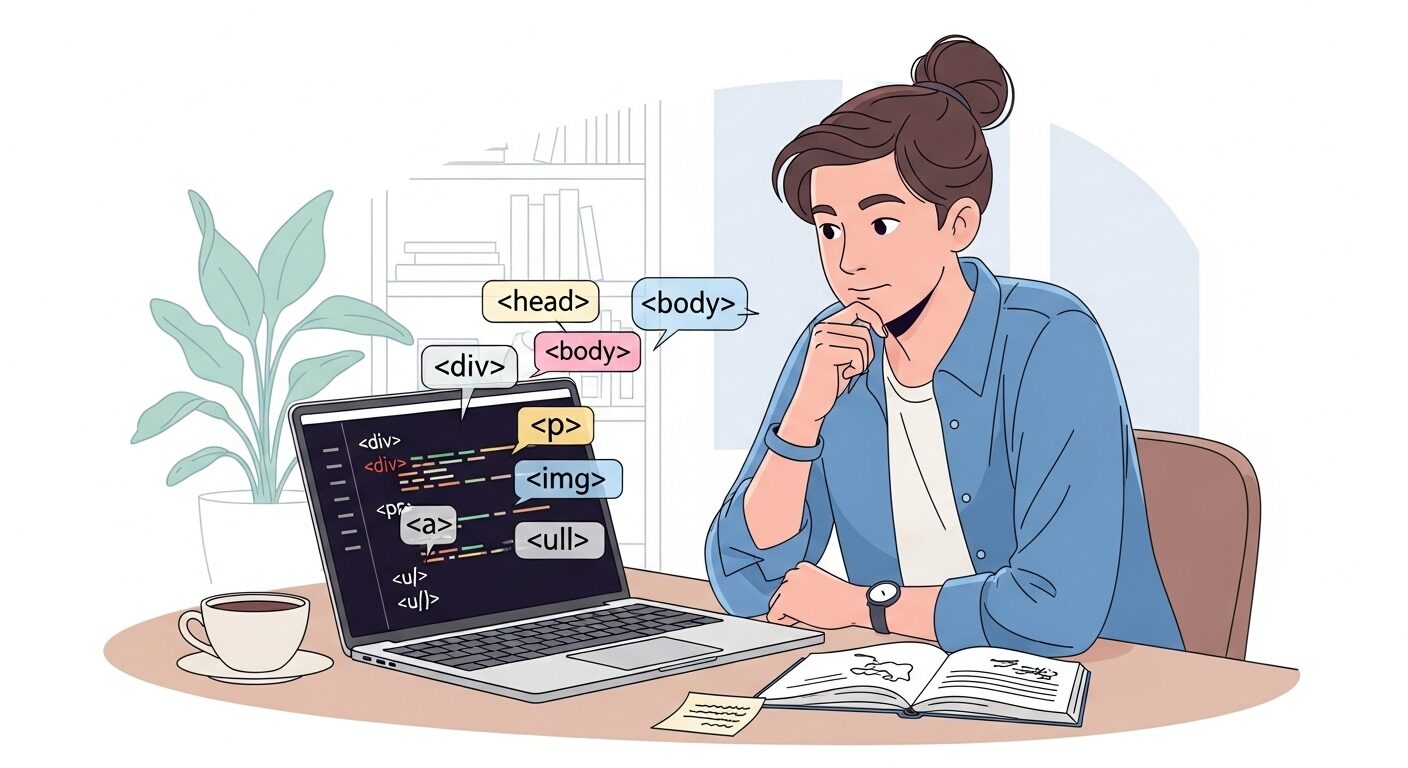 HTMLの構造を確認している女性