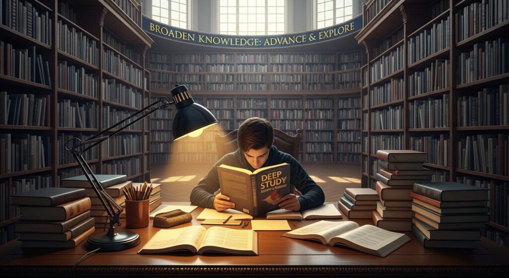 図書館の中で深く勉強している男性