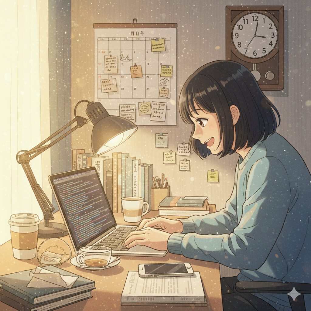 プログラムを勉強する女の子（朝方）