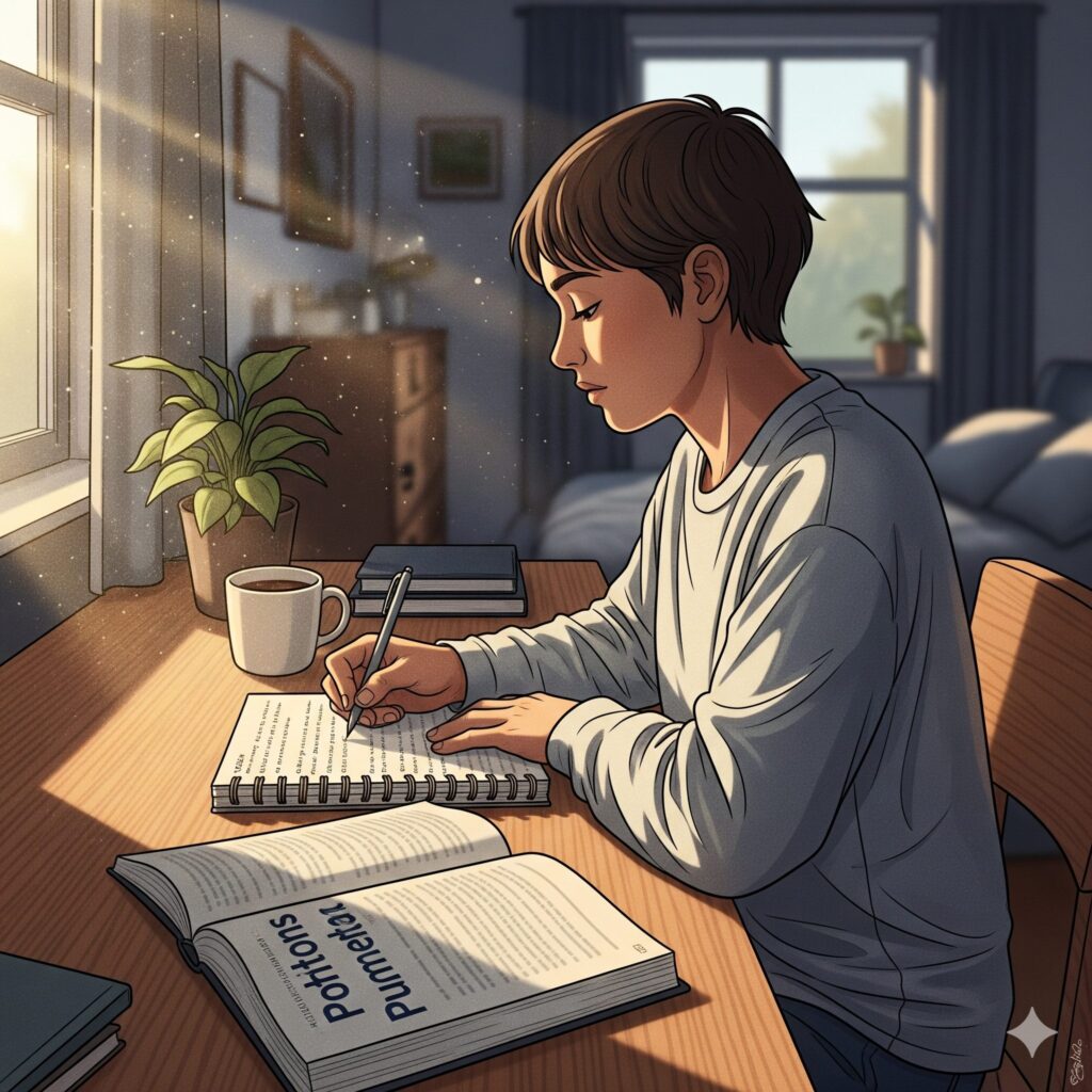 朝日を浴びて勉強する人