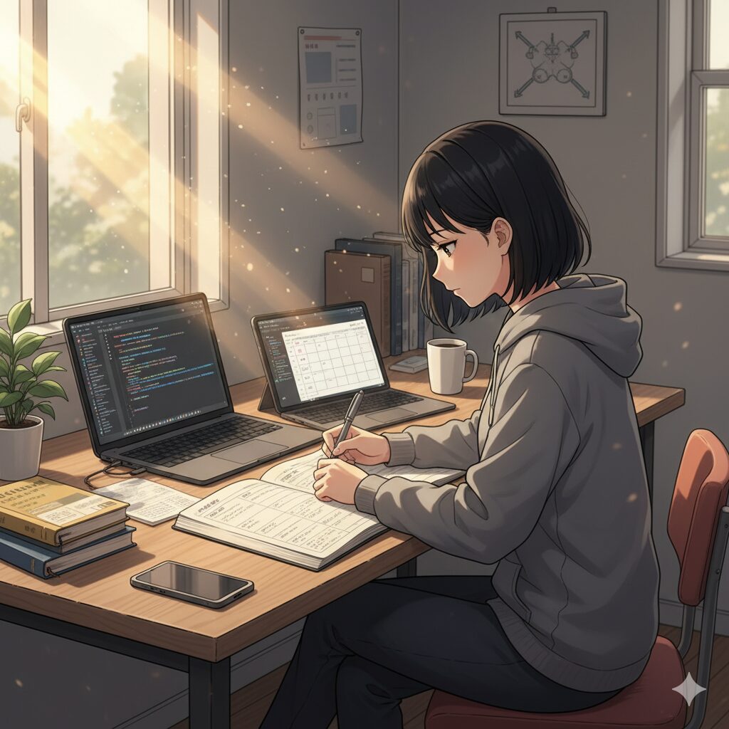 プログラミングの勉強を記録している女性