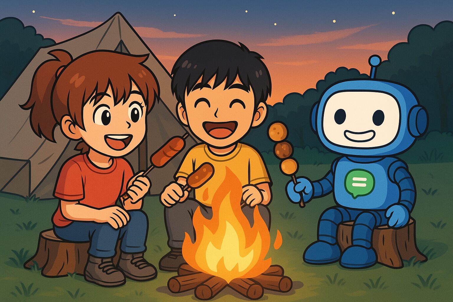 あるく、ミナ、AI先生がキャンプで焚き火をしているところ