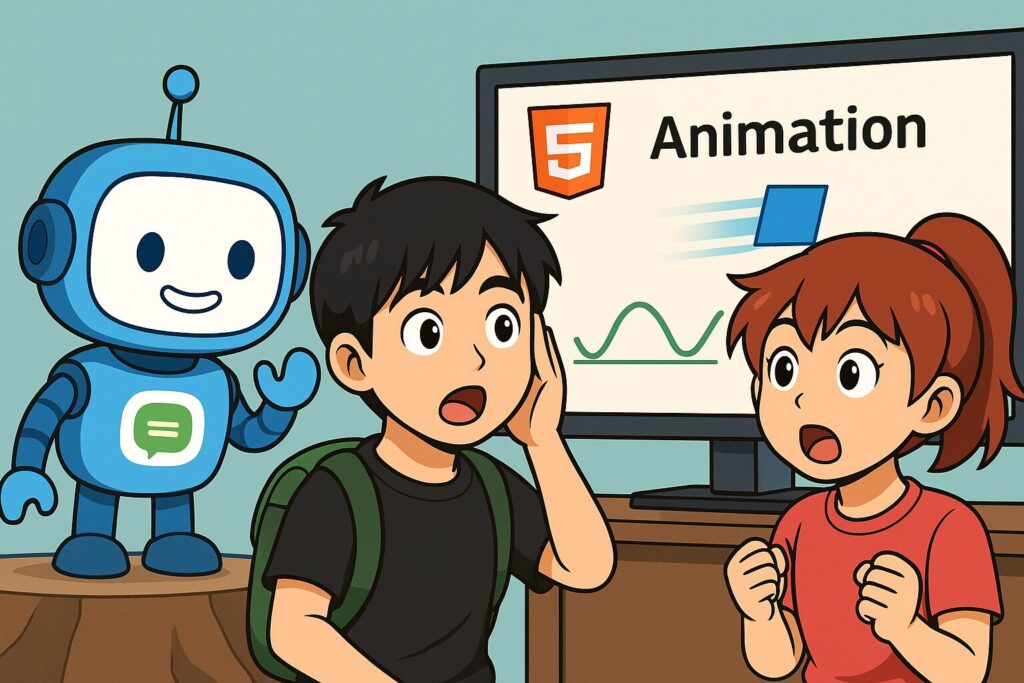 JavaScriptのアニメーションに度肝を抜かれる「あるく」「ミナ」を見守るAI先生