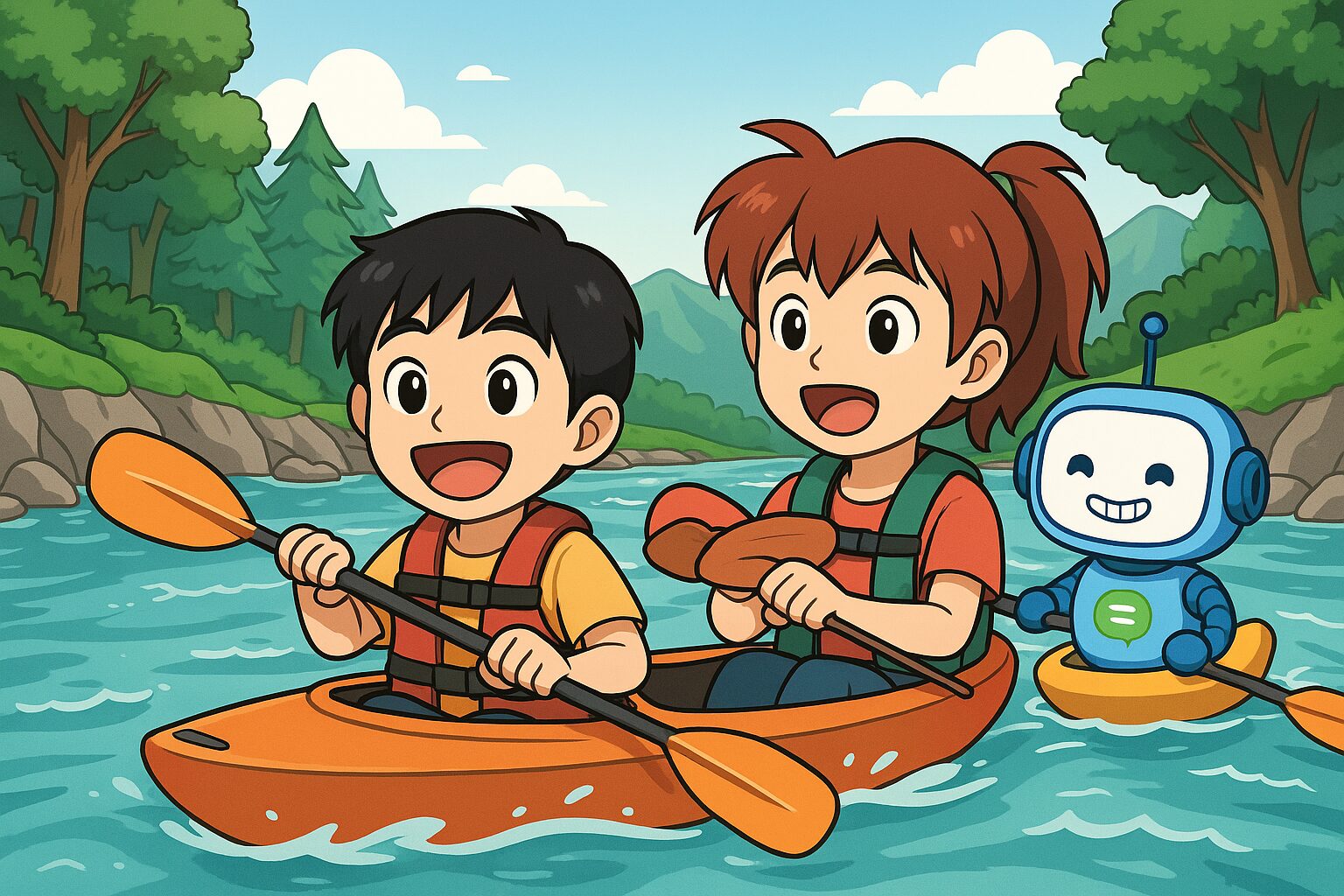 あるく、ミナ、AI先生が川でカヤックしているところ