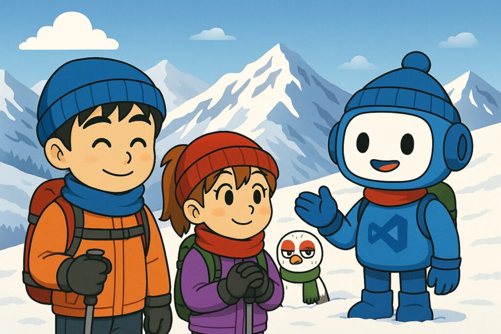 冬山で講義をAI先生の受けるあるく、ミナ、ライ太