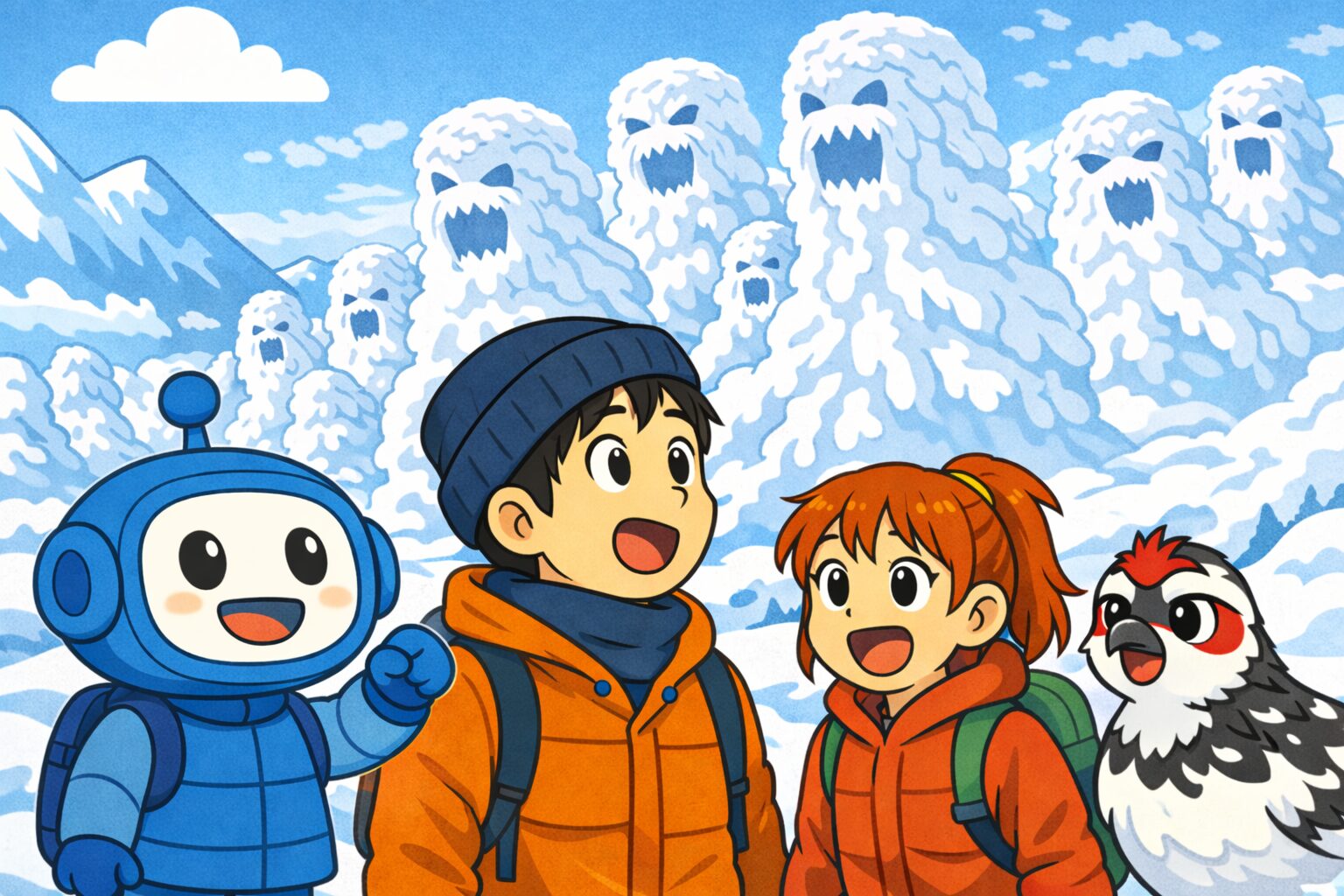 樹氷（スノーモンスター）を見て驚くあるく一行