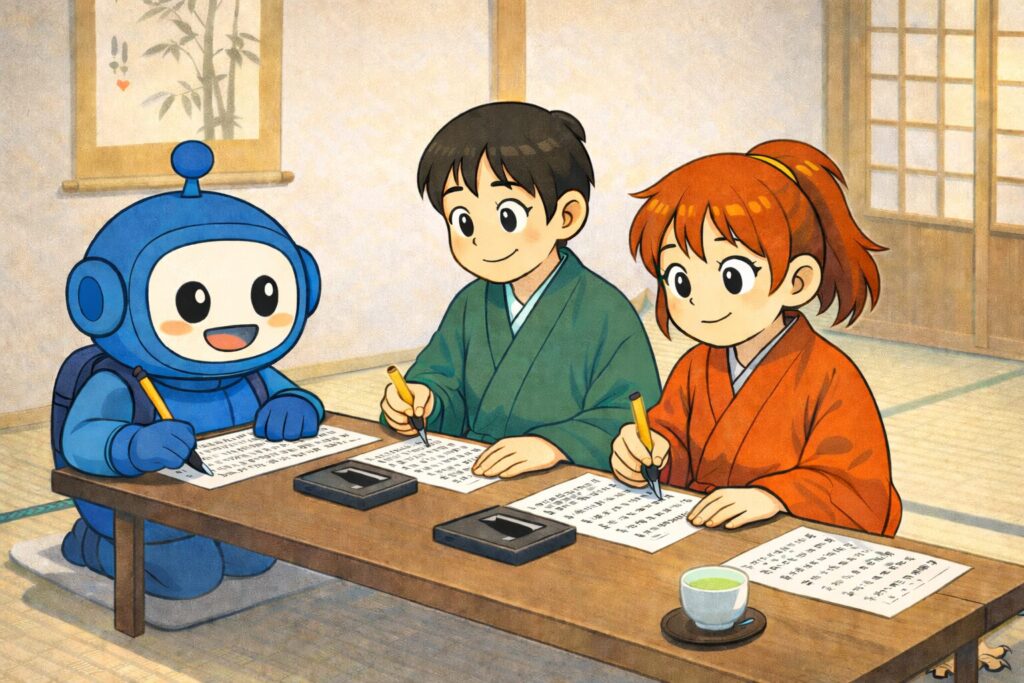 写経をしているあるく一行