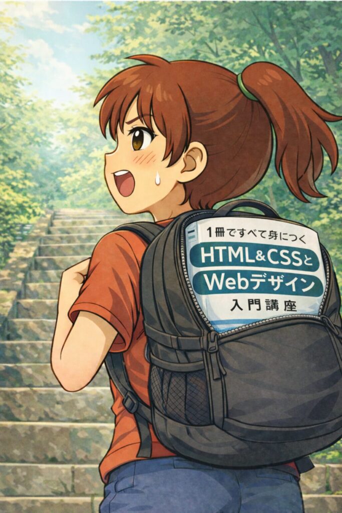 1冊ですべて身につくHTML&CSSとWebデザイン入門講座を背負って階段を登るミナ