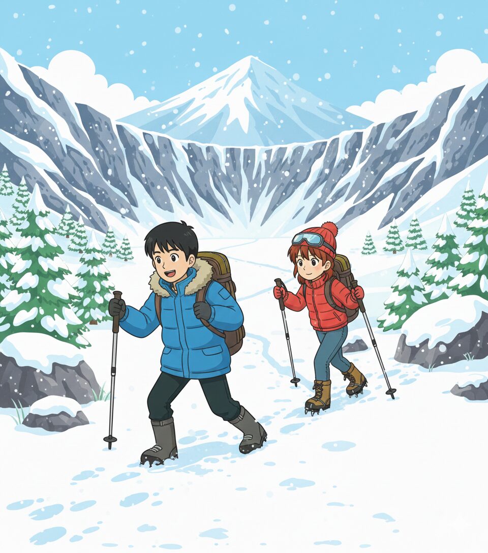 冬山を歩いているあるくとミナ