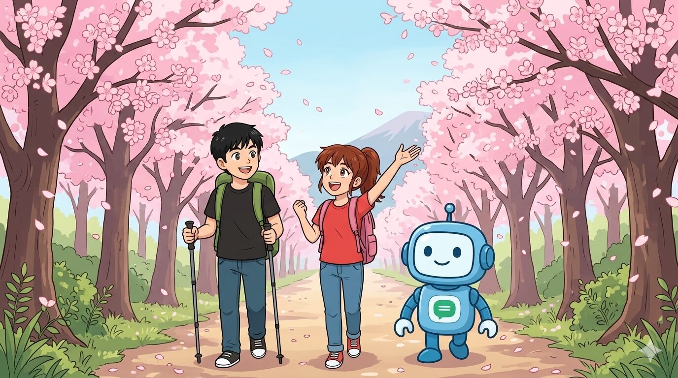 桜並木をハイキングする「あるく一行」