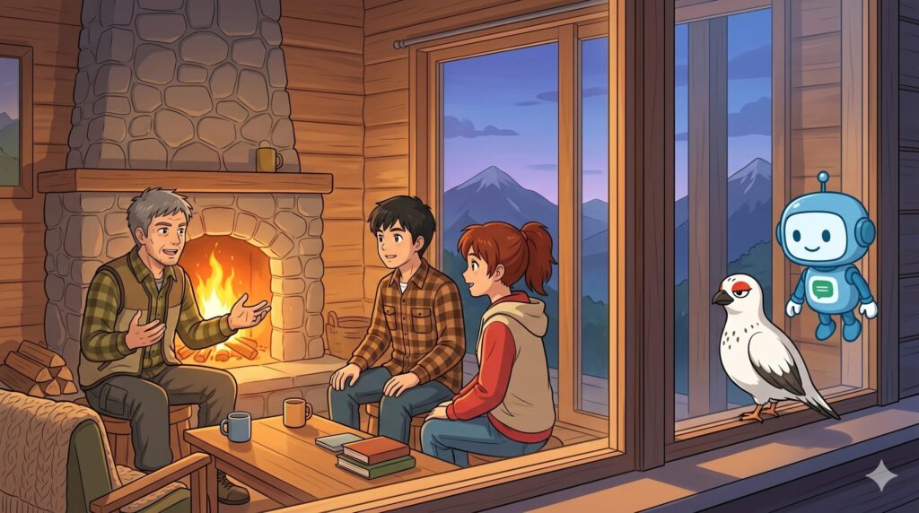 暖炉の前でゴンさんと話す、あるくとミナ。それを窓の外から覗くライ太とAI先生