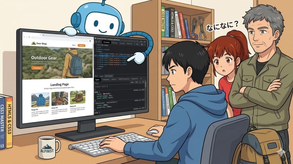 Chrome DevTools（検証ツール）を見ている「あるく」