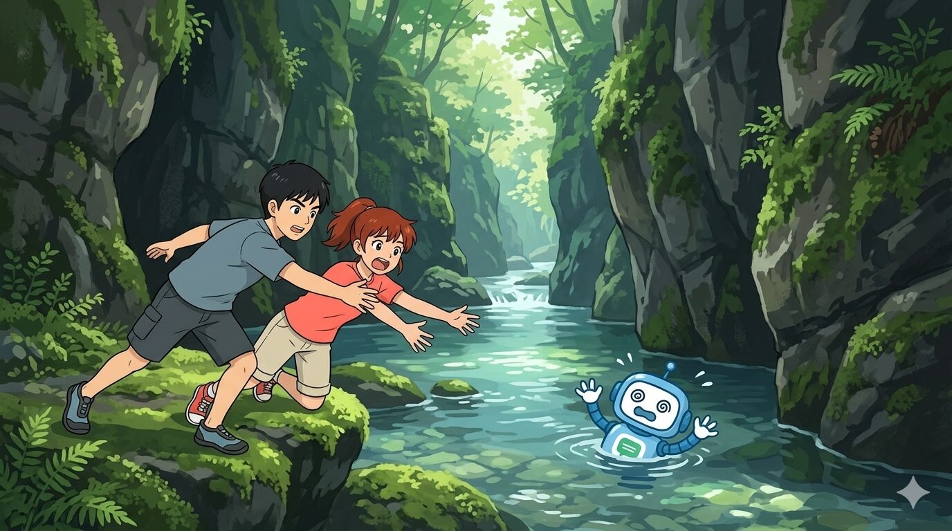 渓谷で流されるAI先生を助けようとする、あるくとミナ