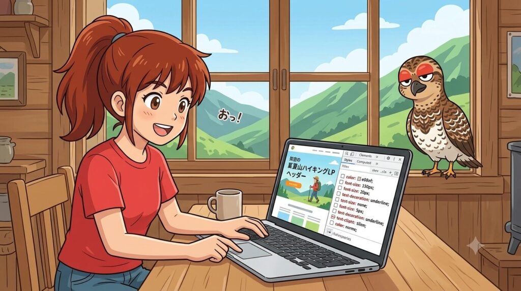 Google検証ツールでCSSの有効・無効を確認しているミナ