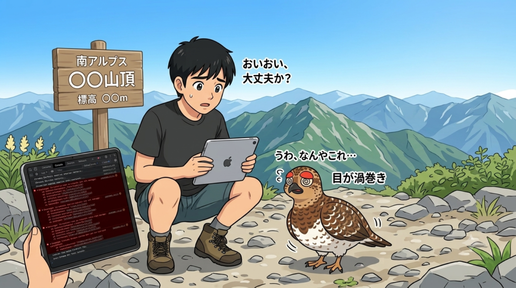 山頂でConsoleパネルのエラーを見て、目を回すライ太
