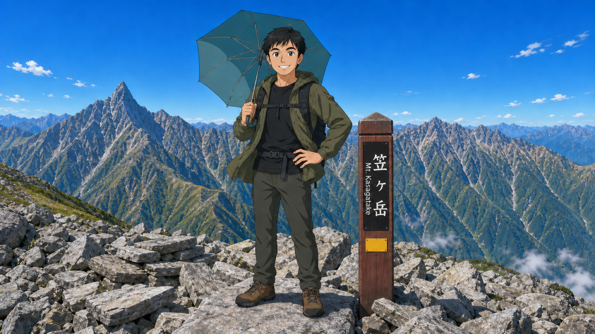 笠ヶ岳の山頂で傘をさす「あるく」