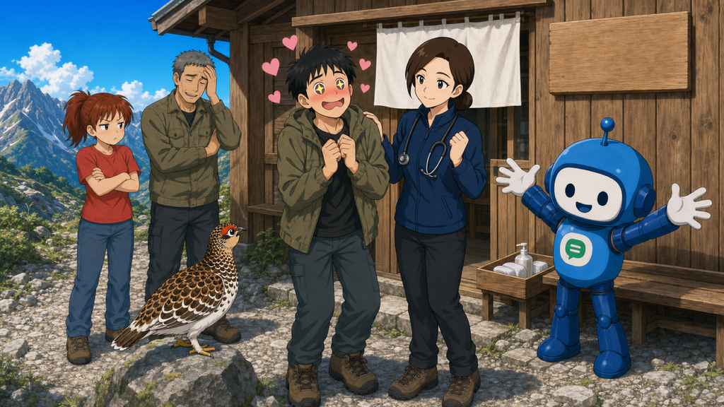カエデ先生にメロメロになっている「あるく」と、それを呆れ顔に見ているゴンさん、若干嫉妬気味のミナ、WelcomeなAI先生。
興味津々なライ太