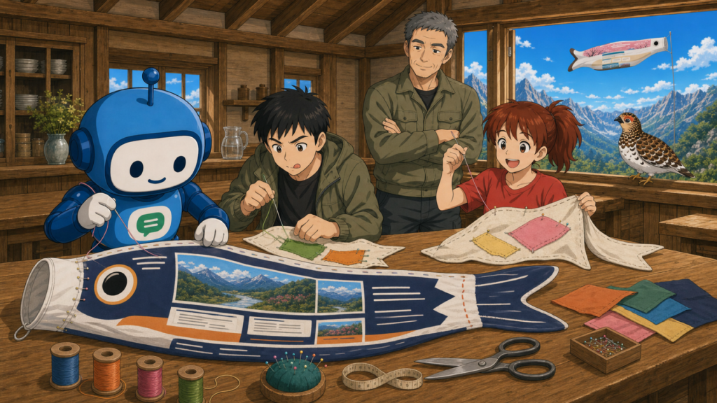 新しいLP鯉のぼりを作るAI先生と、それを真似する「あるく」と「ミナ」。ゴンさんとライ太は見守る。